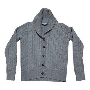 Ralph Lauren Sport Cable Knit Shawl Collar Cardigan Sweater L Gray Cotton